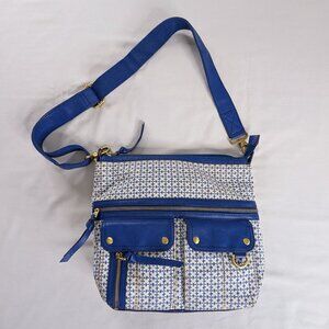 Fossil Blue White Leather Canvas Patterned Front Pockets Morgan Crossobody Bag
